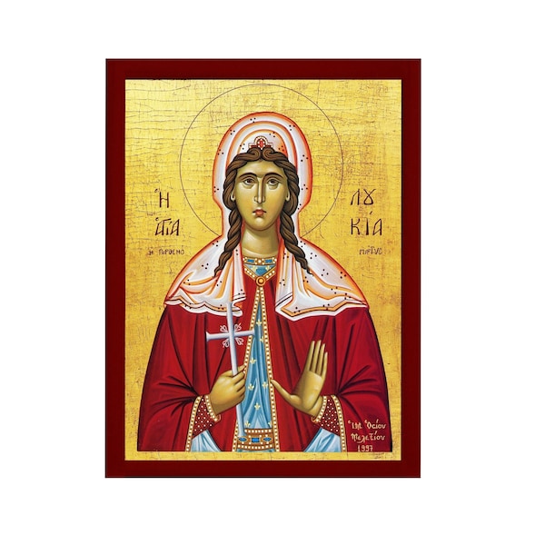 Saint Lucy icon, Handmade Greek Catholic Orthodox icon of St Lucy of Syracuse, Byzantine art wall hanging wood plaque, religious gift