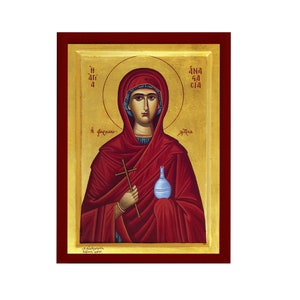 Saint Anastasia icon, Handmade Greek Orthodox icon of St Anastasia of Sirmium, Byzantine art wall hanging icon wood plaque, religious gift
