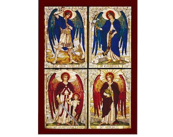 The Four Archangels icon, Handmade Greek wood plaque icon of Archangel Michael Archangel Gabriel Archangel Raphael Archangel Uriel