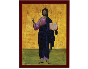 Jesus Christ icon, Handmade Greek Orthodox icon of our Lord, Byzantine art wall hanging on wood plaque, religious icon home decor