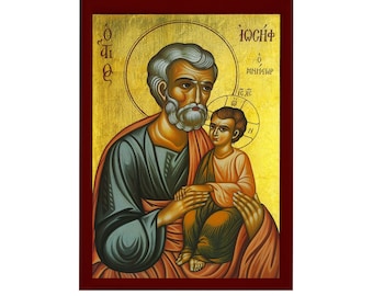 Sint Jozef icoon, Handgemaakt Grieks Orthodox icoon van St Joseph de Verloofde, Byzantijnse kunst muur opknoping houten plaquette, religieus geschenk