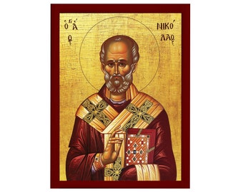 Ikona Świętego Mikołaja, ręcznie robiona chrześcijańska greckokatolicka ikona św. Mikołaja, ikona ścienna w stylu bizantyjskim na drewnianej tabliczce, prezent religijny
