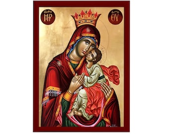 Virgin Mary Glykophilousa Orthodox Icon, Handmade Christian Wall Art on Wood, Byzantine Religious Gift, Home Decor