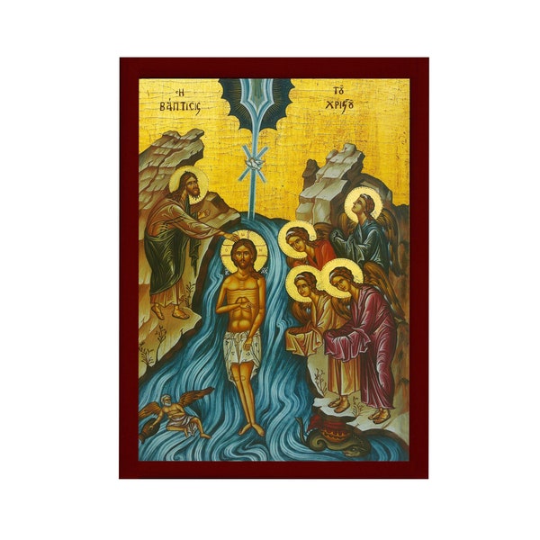 L’icône du baptême de Jésus-Christ, Jésus-Christ baptisé icône grecque orthodoxe faite à la main, plaque de bois suspendue au mur d’art byzantin, cadeau religieux