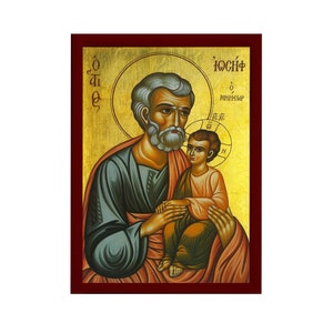 Sint Jozef icoon, Handgemaakt Grieks Orthodox icoon van St Joseph de Verloofde, Byzantijnse kunst muur opknoping houten plaquette, religieus geschenk