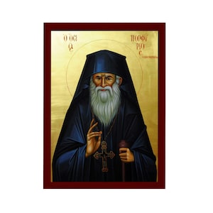 Saint Porphyrios icon, Handmade Greek Orthodox icon of St Elder Porfyrios, Byzantine art wall hanging wood plaque, religious decor
