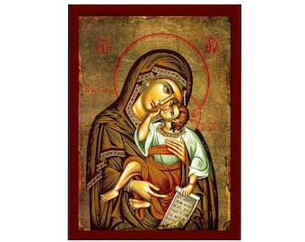 Virgin Mary icon Panagia Eleousa, Handmade Greek Orthodox Icon, Mother of God Byzantine art, Theotokos wall hanging wood plaque