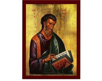 Saint Matthew the Apostle icon, Handmade Greek Orthodox icon of Apostle Evangelist Matthew, Byzantine art wall hanging on wood plaque