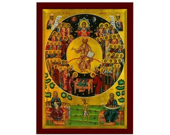 Synaxis of All Saints icon, Handmade Greek Orthodox icon of All Saints, Byzantine art wall hanging on wood plaque icon, religious decor