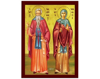 Saint Andronikos and Athanasia icon, Handmade Greek Orthodox icon, Byzantine art wall hanging icon wood plaque, religious decor