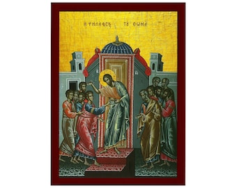 The Palpation of Thomas icon, Handmade Greek Orthodox icon of Jesus Christ and Apostle Thomas Byzantine art wall hanging wood plaque