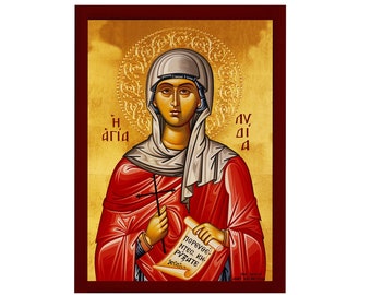 Saint Lydia icon, Handmade Greek Orthodox icon of St Lydia, Byzantine art wall hanging icon wood plaque, religious decor