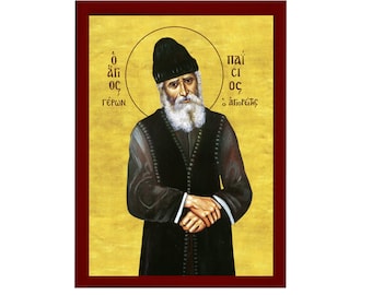 Saint Paisios van de berg Athos icoon handgemaakt Grieks-orthodox icoon Sint Paisios Athonite Byzantijnse kunst muur hangend aan houten plaquette, religieus cadeau
