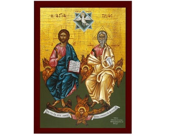 Icône de la Sainte Trinité, icône grecque orthodoxe faite main de Jésus-Christ, décoration murale d'art byzantin suspendue sur plaque de bois, icône religieuse, cadeau de mariage