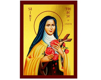 Icono de Santa Teresa de Lisieux, icono ortodoxo griego católico hecho a mano de Santa Teresa, icono bizantino para colgar en la pared sobre placa de madera, decoración, regalo.