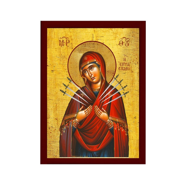 Icône Notre-Dame des Douleurs, icône de la Vierge Marie Sept 7 épées, icône grecque orthodoxe faite à la main, plaque murale d’art byzantin de la Mère de Dieu
