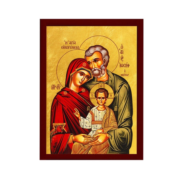 The Holy Family icon, Handmade Greek Orthodox icon of the Jesus Christ Virgin Mary & Joseph, Byzantine art wall hanging wood plaque