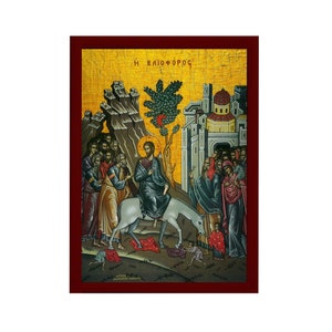 May include: A religious icon depicting Jesus riding a donkey, surrounded by people, with the text "&Eta; &Beta;&Alpha;&Iota;&Omicron;&Phi;&Omicron;&Rho;&Omicron;&Sigma;" at the top. The icon is painted in a traditional style with vibrant colours and intricate details.