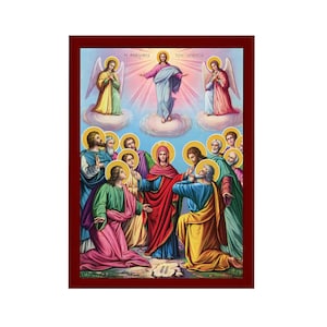 The Ascension of Jesus Christ icon, Handmade Greek Orthodox icon of Analipsi, Byzantine art wall hanging of our Lord rising to Heaven plaque