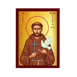 Saint Francis of Assisi icon, Handmade Greek Orthodox Catholic icon of St Francis, Byzantine art wall hanging icon on wood plaque decor gift