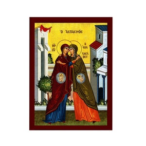 The Visitation of Theotokos to Elizabeth, Handmade Greek Orthodox icon of Virgin Mary to St Elizabeth Byzantine art wall hanging wood plaque