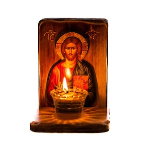 Christian Iconostasis with Jesus Christ, Handmade Mount Athos Orthodox shrine with Our Lord,Byzantine altar wall hanging wood plaque gift