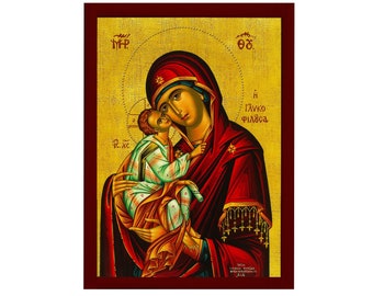 Virgin Mary icon Panagia Glykophilousa, Handmade Greek Orthodox Icon, Mother of God Byzantine art, Theotokos wall hanging wood plaque