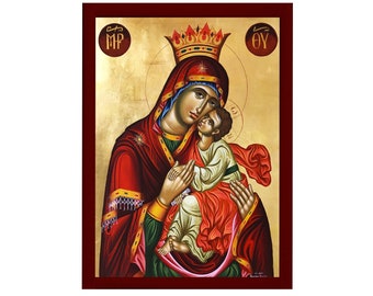 Virgin Mary Glykophilousa Orthodox Icon, Handmade Christian Wall Art on Wood, Byzantine Religious Gift, Home Decor