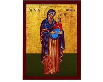 Saint Anna icon Mother of Virgin Mary, Byzantine art wall hanging of Agia Anna, Greek Handmade Orthodox icon of Saint Anne, religious gift