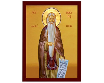 Saint Macarius-pictogram, handgemaakte Grieks-orthodoxe icoon St Makarios van Egypte, Byzantijnse kunst muur hangende houten plaquette, religieus cadeau