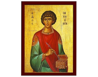 Saint Panteleimon icon, Greek Handmade Orthodox icon of Saint Pantaleon, Byzantine art wall hanging of San Pantaleone, religious gift