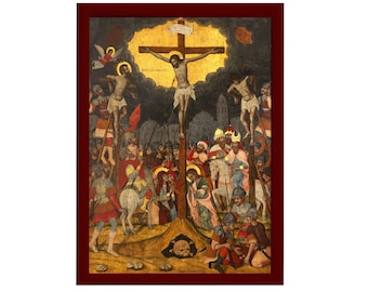 May include: A painting depicting the crucifixion of Jesus Christ with two thieves on either side. The painting is set against a dark background with a golden halo above Jesus. There are many figures in the painting, including soldiers, onlookers, and a horse.