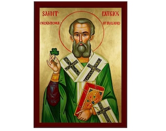 Saint Patrick icoon, Handgemaakt Grieks Orthodox Katholiek icoon van St Patrick, Byzantijnse kunst muur opknoping icoon houten plaquette, religieus decor