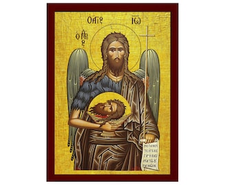 Saint John icon, Handmade Greek Orthodox icon of St John Baptist, Byzantine art wall hanging of the Forerunner wood plaque, religious decor