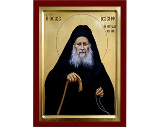 Saint Joseph icon, Handmade Greek Orthodox icon of St Joseph Hesychast of Mt Athos, Byzantine art wall hanging wood plaque, religious gift