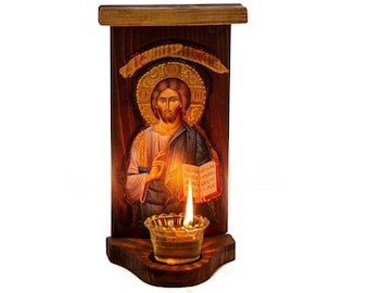 Christian Iconostasis with Jesus Christ icon Handmade Mount Athos Orthodox shrine w/ Our Lord Byzantine altar wall hanging wood plaque icon