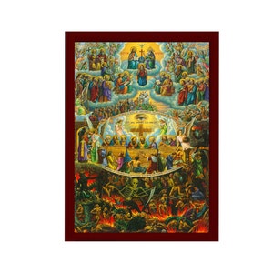 The Last Judgement icon, Handmade Greek Orthodox icon of Return of Jesus Christ, Doomsday Byzantine art wall hanging on wood plaque, gift