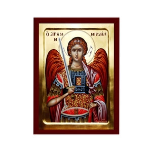 Archangel Michael icon, Handmade Greek Orthodox icon of St Michael, Byzantine art wall hanging on wood plaque religious icon, religious gift