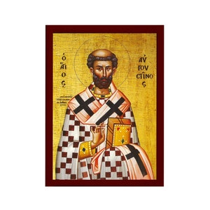 Saint Augustine icon, Handmade Greek Orthodox icon St Augustine of Canterbury, Byzantine art wall hanging on wood plaque, religious decor