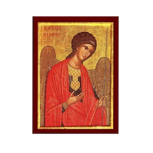 May include: A traditional Byzantine icon depicting the Archangel Michael, a winged figure with a golden halo and red robes. The icon is painted on a wooden panel and framed in a dark red frame. The text "&Alpha;&Rho;&Chi;&Omega;&Nu; &Mu;&Iota;&Chi;&Alpha;&Eta;&Lambda;" is written in Greek at the top of the icon.