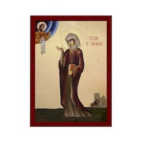 以下が含まれることがあります： 14 世紀のイギリスの神秘主義者であり隠者であるジュリアン・オブ・ノーリッジを描いたアイコン。アイコンは、金箔と鮮やかな色で伝統的なスタイルで描かれています。ジュリアンは、白いベールをつけた茶色のローブを着て、本を持ち、右手を振っています。アイコンの右上隅には「JULIAN OF NORWICH」という文字が書かれています。