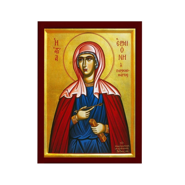 Heilige Hermine Ikone, Handgemachte griechisch orthodoxe Ikone der Heiligen Hermine, byzantinische Kunst Wandbehang Ikone auf Holzplakette, religiöses Dekor
