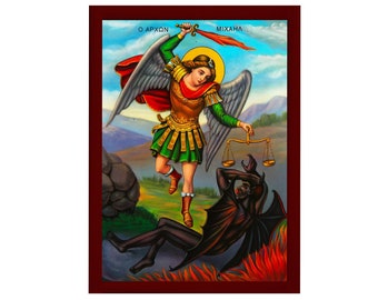 Aartsengel Michael-pictogram, handgemaakt Grieks-orthodox icoon van Sint-Michiel, Byzantijnse kunstmuur hangend aan houten plaquette religieus icoon, religieus cadeau