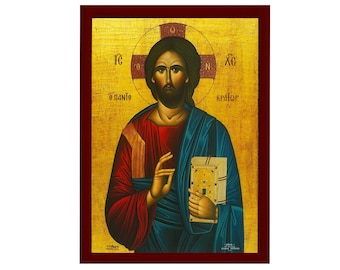 Jesus Christ icon, Handmade Greek Orthodox icon of our Lord, Byzantine art wall hanging on wood plaque, religious home decor