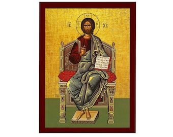 Icona ortodossa di Gesù Cristo in trono, opera d'arte cristiana da parete realizzata a mano su legno, regalo religioso bizantino, decorazione per la casa.