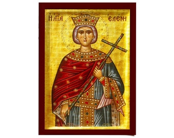 Saint Helen icon, Handmade Greek Christian Orthodox Icon of St Helen, Byzantine art wall hanging wood plaque, religious decor