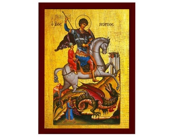 Saint George icon, Handmade Greek Orthodox icon of St George, Byzantine art wall hanging icon wood plaque, religious decor