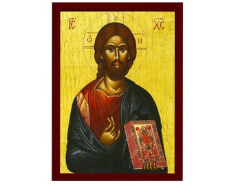 Jesus Christ icon, Handmade Greek Orthodox icon of our Lord, Byzantine art wall hanging on wood plaque, religious home decor