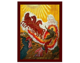 Prophet Elijah icon with Chariot of Fire, Handmade Greek Orthodox icon of Saint Elias, Byzantine art wall hanging on wood plaque icon