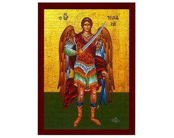 Aartsengel Michael-pictogram, handgemaakt Grieks-orthodox icoon van Sint-Michiel, Byzantijnse kunstmuur hangend aan houten plaquette religieus icoon, religieus cadeau